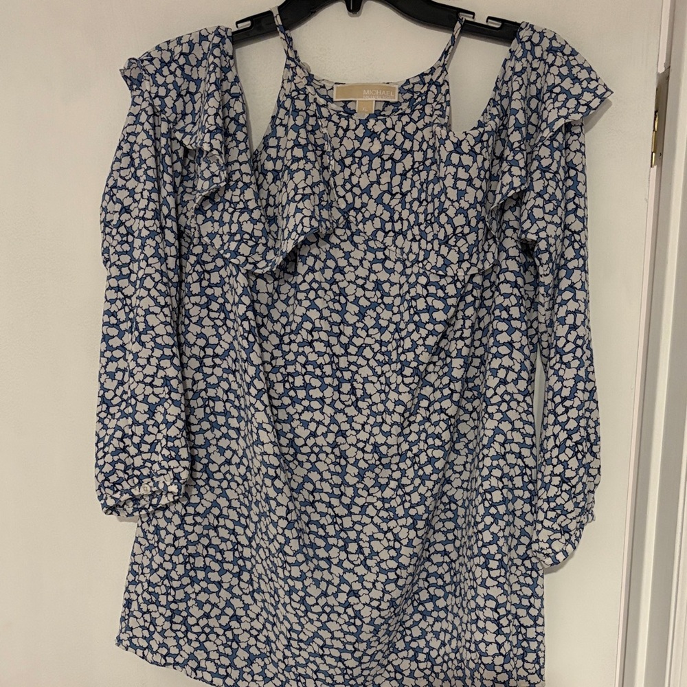 Michael Kors Navy & White Cold-Shoulder Ruffle Tunic
